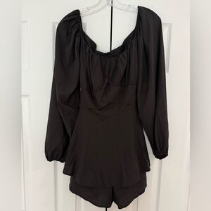 Women’s Black Jumpsuit Lantern Long Sleeve Ruffle Layer Tie Mini Short Romper